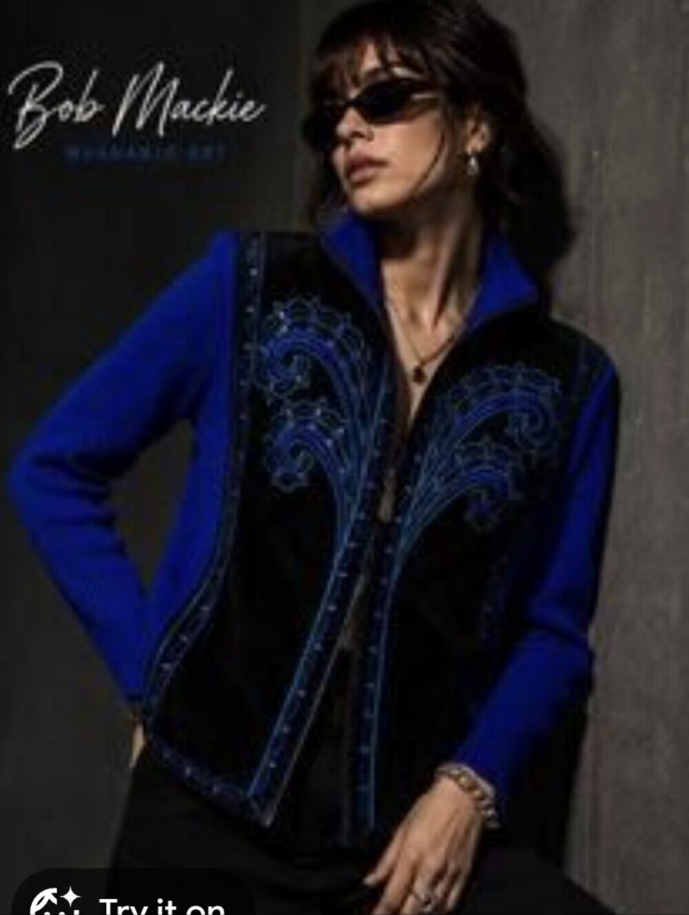 Bob Mackie Royal Blue Ribbed Jacket with Black Suede Front & Blue Embroidery